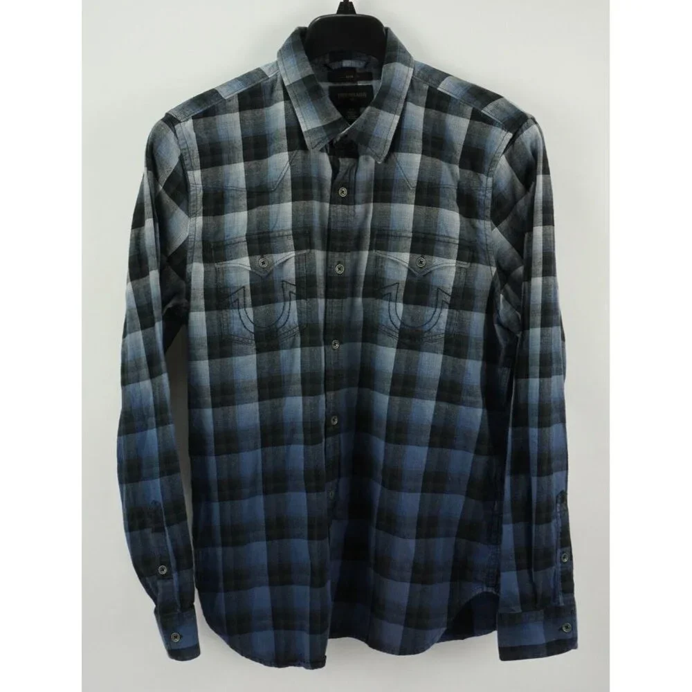 True Religion Men's Large Slim Long Sleeve Dip Dye Ombre Flannel Button Up Shirt